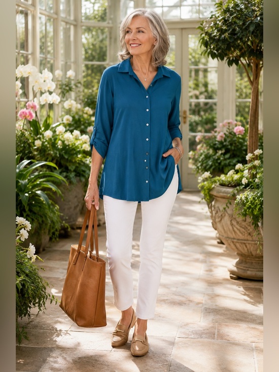 Soft Surroundings Tops - Soft Surroundings Blue Button Front Knit Tunic Top  Lagenlook L Coastal Grandma